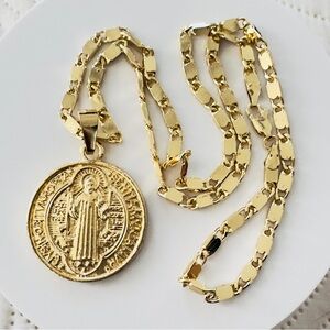 14K Gold plated Saint Benedict Pendant Necklace. New